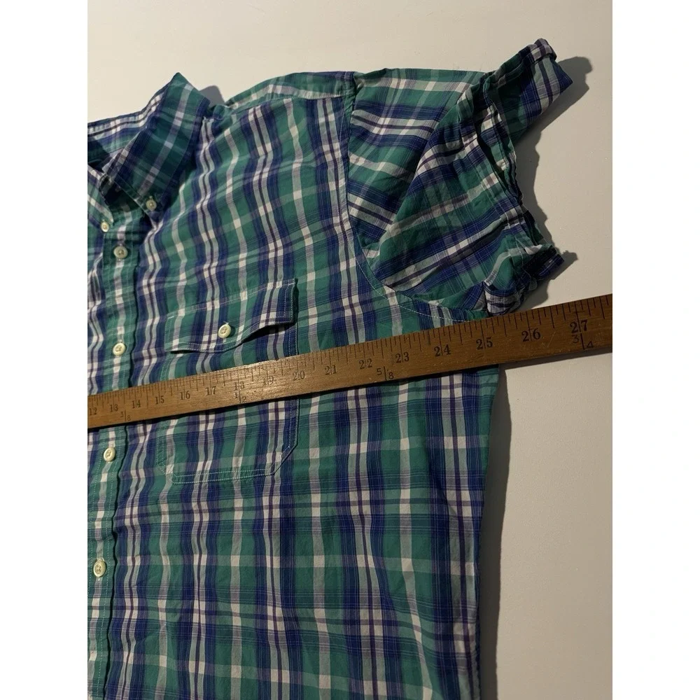Banana Republic Soft‎ Wash Dress Shirt Mens Green Blue Teal Plaid Fall 13